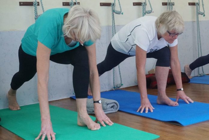 Two women exercising on yoga mats