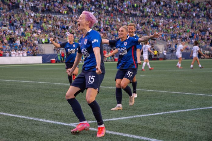 Megan Rapinoe celebrating her penalty during the National Womens Soccer League game between OL Reign v Portland Thorns in 2021
